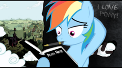 Size: 711x400 | Tagged: safe, artist:zipomon, rainbow dash, pegasus, pony, g4, book, crossover, death note, female, mare, mouth hold, pen, photoshop, ponyville, solo
