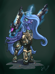 Size: 891x1200 | Tagged: safe, artist:atryl, princess luna, alicorn, pony, g4, armor, asmd shock rifle, beret, commission, crossover, dual wield, female, gun, magic, mare, open mouth, pills, s1 luna, solo, the fun has been doubled, thunder crash, unreal tournament, ut2004, warrior luna, weapon