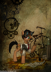 Size: 672x950 | Tagged: safe, artist:foxinshadow, oc, oc only, earth pony, pony, bicycle, bottle, candle, clothes, commission, earth pony oc, gears, goggles, ink, male, paper, penny-farthing, quill, solo, stallion, steampunk