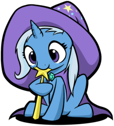 Size: 905x1000 | Tagged: safe, artist:stardustxiii, trixie, pony, unicorn, best pony, biting, clothes, cute, daaaaaaaaaaaw, diatrixes, female, filly, filly trixie, foal, hat, nom, photoshop, robe, shadow, simple background, sitting, solo, the gweatest and pwowafulest twixie, transparent background, trixie's cape, trixie's hat, wand, younger