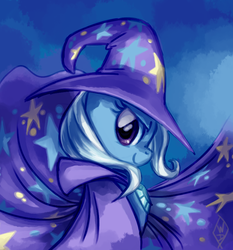 Size: 775x833 | Tagged: safe, artist:whitediamonds, trixie, pony, unicorn, g4, brooch, bust, cape, clothes, female, hat, jewelry, looking at you, mare, portrait, profile, signature, smiling, smiling at you, solo, trixie's brooch, trixie's cape, trixie's hat