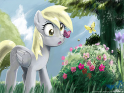 Size: 1200x900 | Tagged: safe, artist:johnjoseco, derpy hooves, bee, butterfly, pegasus, pony, g4, female, flower, grass, mare, photoshop, solo, tree