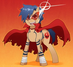 Size: 720x664 | Tagged: safe, artist:krazy-chibi, earth pony, pony, cape, clothes, gradient background, kamina, lens flare, male, ponified, solo, sunglasses, tengen toppa gurren lagann