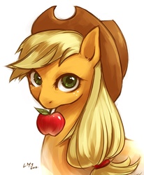 Size: 1400x1700 | Tagged: safe, artist:katiramoon, applejack, earth pony, pony, g4, apple, bust, female, looking at you, mare, mouth hold, photoshop, portrait, simple background, solo