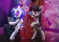 Size: 2422x1726 | Tagged: safe, artist:tavogdl, dj pon-3, octavia melody, vinyl scratch, earth pony, pony, unicorn, bipedal, bowtie, cello, duo, female, mare, musical instrument, photoshop, signature, stage, sunglasses, turntable, zoom layer