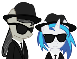 Size: 10000x7768 | Tagged: safe, artist:gen-jack-oneill, dj pon-3, octavia melody, vinyl scratch, earth pony, pony, unicorn, g4, absurd resolution, background pony, blues brothers, crossover, female, mare, simple background, sunglasses, transparent background