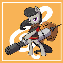 Size: 1000x1000 | Tagged: safe, artist:madmax, octavia melody, earth pony, pony, g4, bipedal, clothes, commission, crossover, cutie mark background, female, gun, heavy weapons guy, looking at you, mare, minigun, solo, team fortress 2, uniform, weapon
