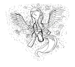 Size: 1200x1080 | Tagged: safe, artist:zlack3r, fluttershy, pegasus, pony, g4, clothes, eyes closed, female, flower, mare, monochrome, on back, sketch, solo, sweater, sweatershy