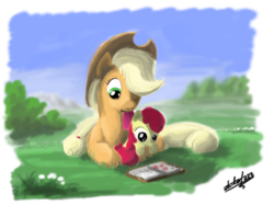 Size: 937x700 | Tagged: safe, artist:zlack3r, apple bloom, applejack, earth pony, pony, g4, adorabloom, apple sisters, book, cottagecore, cute, duo, female, filly, foal, gimp, mare, prone, reading, siblings, sisters