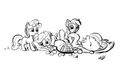 Size: 1698x1024 | Tagged: safe, artist:zlack3r, apple bloom, applejack, scootaloo, sweetie belle, earth pony, pegasus, pony, unicorn, g4, apple, cutie mark crusaders, female, filly, food, gimp, laughing, mare, monochrome, on back, simple background, tickling