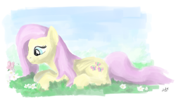 Size: 1440x820 | Tagged: safe, artist:zlack3r, fluttershy, butterfly, pegasus, pony, g4, female, flower, mare, prone, smiling, solo