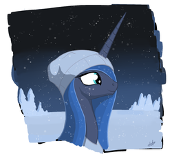 Size: 1320x1226 | Tagged: safe, artist:zlack3r, princess luna, alicorn, pony, g4, bust, female, hat, horn, mare, portrait, profile, smiling, snow, snowfall, solo, winter