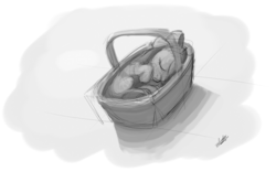 Size: 1344x832 | Tagged: safe, artist:zlack3r, apple bloom, earth pony, pony, g4, basket, curled up, female, filly, grayscale, monochrome, pony in a basket, sketch, sleeping, solo