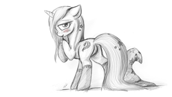 Size: 1441x811 | Tagged: dead source, safe, artist:zlack3r, trixie, pony, unicorn, g4, blushing, butt, clothes, female, floppy ears, grayscale, looking at you, looking back, mare, monochrome, mouth hold, plot, rear view, simple background, sketch, socks, solo, the great and powerful ass