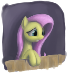 Size: 497x546 | Tagged: safe, artist:zlack3r, fluttershy, pegasus, pony, g4, female, fence, mare, sketch, solo, worried