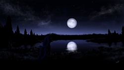 Size: 1920x1080 | Tagged: safe, artist:zlack3r, princess luna, alicorn, pony, g4, ethereal mane, female, forest, full moon, lake, mare, moon, night, rear view, reflection, scenery, sky, solo, starry mane, stars, tree, wallpaper