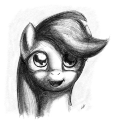 Size: 1856x2048 | Tagged: safe, artist:zlack3r, scootaloo, pegasus, pony, g4, female, filly, grayscale, happy, looking at you, monochrome, sketch, solo, traditional art