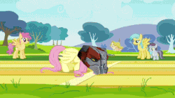 Size: 320x180 | Tagged: safe, edit, edited screencap, screencap, cloudchaser, flitter, fluttershy, rainbow dash, spike, twilight sparkle, dragon, pegasus, pony, unicorn, g4, hurricane fluttershy, season 2, anemometer, animated, caption, cloud, cutie mark, female, field, filly, flying, gif, male, mare, notepad, shazbot, text, tribes, tribes ascend, whistle, whistle necklace