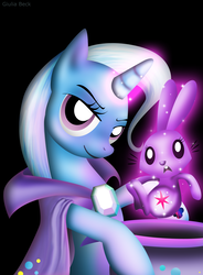 Size: 1661x2252 | Tagged: safe, artist:giuliabeck, trixie, twilight sparkle, pony, rabbit, unicorn, g4, black background, bunnified, bunny sparkle, female, looking at you, magic, magic trick, mare, photoshop, simple background, species swap