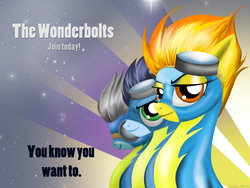 Size: 2583x1946 | Tagged: safe, artist:giuliabeck, fleetfoot, soarin', spitfire, pegasus, pony, abstract background, female, male, mare, photoshop, poster, propaganda, stallion, wonderbolts
