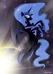 Size: 590x813 | Tagged: safe, artist:giuliabeck, nightmare moon, alicorn, pony, female, flying, mare, nightmare night, photoshop, scared, solo