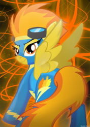 Size: 700x991 | Tagged: dead source, safe, artist:giuliabeck, spitfire, pegasus, pony, g4, abstract background, female, looking back, mare, photoshop, rear view, solo