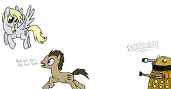 Size: 1600x830 | Tagged: safe, artist:mcnuggyy, artist:staticwave12, derpy hooves, doctor whooves, time turner, earth pony, pegasus, pony, g4, crossover, dalek, doctor who, exterminate, female, flying, male, mare, running, ship:doctorderpy, shipping, simple background, stallion, straight, the doctor, white background