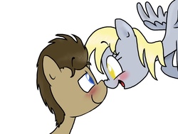 Size: 1100x830 | Tagged: safe, artist:mcnuggyy, derpy hooves, doctor whooves, time turner, earth pony, pegasus, pony, g4, blushing, boop, colored pupils, eye contact, female, flying, looking at each other, male, mare, noseboop, ship:doctorderpy, shipping, simple background, stallion, straight, white background