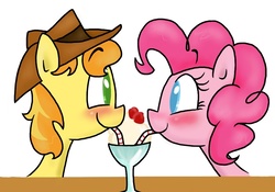 Size: 1000x700 | Tagged: safe, artist:mcnuggyy, braeburn, pinkie pie, earth pony, pony, g4, blushing, braepie, colored pupils, eye contact, female, food, ice cream, looking at each other, male, mare, rarepair, sharing a drink, shipping, simple background, stallion, straight, straw