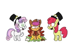 Size: 1600x1030 | Tagged: safe, artist:mcnuggyy, apple bloom, scootaloo, sweetie belle, earth pony, pegasus, pony, turkey, unicorn, g4, costume, cutie mark crusaders, female, filly, hat, no pupils, pilgrim outfit, scootachicken, scootaloo is not amused, scootaturkey, simple background, thanksgiving, top hat, turkey costume, white background
