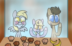 Size: 1300x830 | Tagged: safe, artist:mcnuggyy, derpy hooves, dinky hooves, doctor whooves, time turner, earth pony, pegasus, pony, unicorn, g4, banana, drool, eyes on the prize, female, filly, male, mare, muffin, no pupils, ship:doctorderpy, shipping, stallion, straight, window