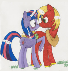 Size: 1800x1888 | Tagged: safe, artist:mcnuggyy, big macintosh, twilight sparkle, earth pony, pony, unicorn, g4, blushing, boop, colored hooves, cute, eye contact, eyebrows, eyebrows visible through hair, female, horse collar, macabetes, male, mare, marker drawing, noseboop, raised hoof, ship:twimac, shipping, simple background, smiling, stallion, straight, traditional art, unicorn twilight, unshorn fetlocks, white background