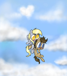 Size: 1600x1830 | Tagged: safe, artist:mcnuggyy, derpy hooves, doctor whooves, time turner, earth pony, pegasus, pony, g4, blushing, carrying, cloud, cloudy, cute, day, derpabetes, female, flying, happy, heart, holding a pony, male, mare, no pupils, open mouth, open smile, outdoors, ship:doctorderpy, shipping, sky, smiling, stallion, straight
