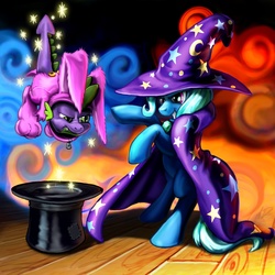 Size: 1296x1296 | Tagged: safe, artist:harwick, spike, trixie, dragon, pony, unicorn, g4, bunny costume, butt flap, cape, clothes, costume, cute, female, hat, magic, magic trick, male, mare, photoshop, rearing, spikabetes, top hat, trixie's cape, trixie's hat, unamused, wizard hat