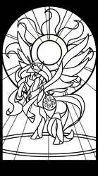 Size: 1200x2160 | Tagged: safe, artist:harwick, princess celestia, alicorn, pony, g4, female, lineart, mare, monochrome, photoshop, rearing, solo, stained glass