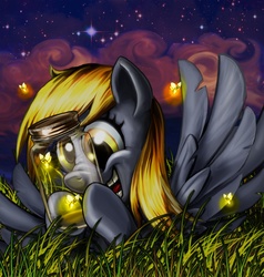 Size: 1000x1052 | Tagged: safe, artist:harwick, derpy hooves, firefly (insect), pegasus, pony, g4, cloud, female, grass, happy, jar, mare, night, photoshop, scrunchy face, solo, stars