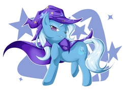 Size: 5905x4169 | Tagged: dead source, safe, artist:zaiyaki, trixie, pony, unicorn, g4, absurd resolution, cape, clothes, cutie mark background, female, hat, mare, one eye closed, photoshop, pixiv, raised hoof, solo, trixie's cape, trixie's hat, wink