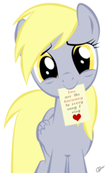 Size: 800x1300 | Tagged: safe, artist:krellyan, derpy hooves, pegasus, pony, g4, c:, cute, derpabetes, female, folded wings, head tilt, heart, lidded eyes, looking at you, mare, mouth hold, photoshop, simple background, smiling, smiling at you, solo, text, transparent background, underp, valentine, wings