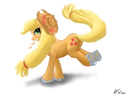 Size: 1600x1200 | Tagged: dead source, safe, artist:monochromeink, applejack, earth pony, pony, g4, applebutt, bucking, butt, female, horseshoes, mare, plot, simple background, solo