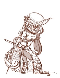 Size: 638x825 | Tagged: safe, artist:bunnimation, octavia melody, earth pony, pony, g4, bipedal, cello, clothes, eyes closed, female, hat, mare, monochrome, musical instrument, photoshop, simple background, solo, spats, steampunk, top hat, white background