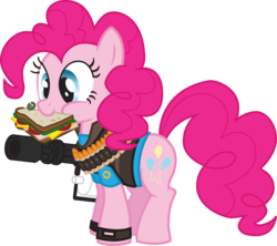 Size: 826x734 | Tagged: safe, artist:smashinator, pinkie pie, earth pony, pony, g4, clothes, crossover, eating, female, heavy weapons pie, mare, minigun, mouth hold, ponies eating meat, sandvich, sandwich, simple background, solo, team fortress 2, transparent background, uniform, vector, weapon