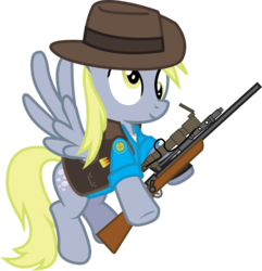 Size: 829x859 | Tagged: safe, artist:smashinator, derpy hooves, pegasus, pony, g4, crossover, female, gun, hat, hooves, mare, optical sight, rifle, simple background, sniper, sniper (tf2), sniper rifle, solo, spread wings, team fortress 2, transparent background, weapon, wings
