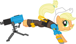 Size: 1318x777 | Tagged: safe, artist:smashinator, applejack, earth pony, pony, g4, bucking, crossover, engiejack, engineer, engineer (tf2), female, hat, mare, sentry, sentry gun, simple background, solo, team fortress 2, transparent background, turret