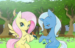 Size: 1500x980 | Tagged: dead source, safe, artist:zev, fluttershy, trixie, bird, pegasus, pony, unicorn, g4, bee-eater, belly button, female, fence, mare, tree, trixieshy