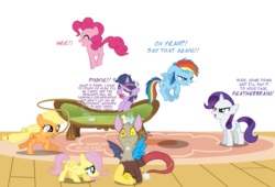 Size: 1645x1118 | Tagged: dead source, safe, artist:flausch-katzerl, applejack, discord, fluttershy, pinkie pie, rainbow dash, rarity, twilight sparkle, draconequus, earth pony, pegasus, pony, unicorn, g4, angry, babysitting, blue text, carpet, eye twitch, female, filly, filly applejack, filly fluttershy, filly mane six, filly pinkie pie, filly rainbow dash, filly rarity, filly twilight sparkle, foal, mane six, messy mane, purple text, simple background, tardy, teenage discord, teenager, that explains everything, transparent background, twilight snapple, well that explains alot, younger