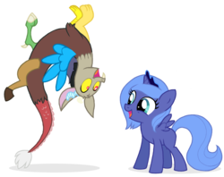 Size: 1500x1188 | Tagged: dead source, safe, artist:flausch-katzerl, discord, princess luna, alicorn, draconequus, pony, g4, crown, cute, discute, duo, duo male and female, female, filly, flying, foal, happy, jewelry, looking at each other, male, open mouth, regalia, simple background, smiling, transparent background, upside down, woona