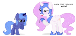 Size: 900x431 | Tagged: dead source, safe, artist:flausch-katzerl, princess celestia, princess luna, alicorn, pony, g4, clothes swap, cute, female, filly, foal, simple background, transparent background, woona