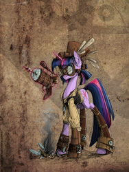 Size: 658x876 | Tagged: safe, artist:nastylady, twilight sparkle, parasprite, pony, unicorn, g4, abstract background, alternate hairstyle, clothes, female, goggles, gun, mare, photoshop, steampunk, weapon