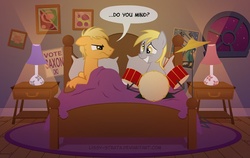 Size: 720x456 | Tagged: safe, artist:lissystrata, derpy hooves, pegasus, pony, g4, bed, doctor who, drums, female, male, mare, musical instrument, photoshop, ponified, poster, shipping, stallion, straight, the master