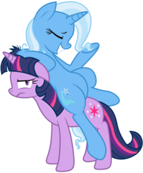 Size: 4020x4880 | Tagged: safe, artist:discommunicator, artist:kooner-cz, trixie, twilight sparkle, pony, unicorn, g4, absurd resolution, belly, duo, female, hilarious in hindsight, inconvenient trixie, mare, messy mane, ponies riding ponies, riding, show accurate, simple background, transparent background, trixie riding twilight, unamused, unicorn twilight, vector